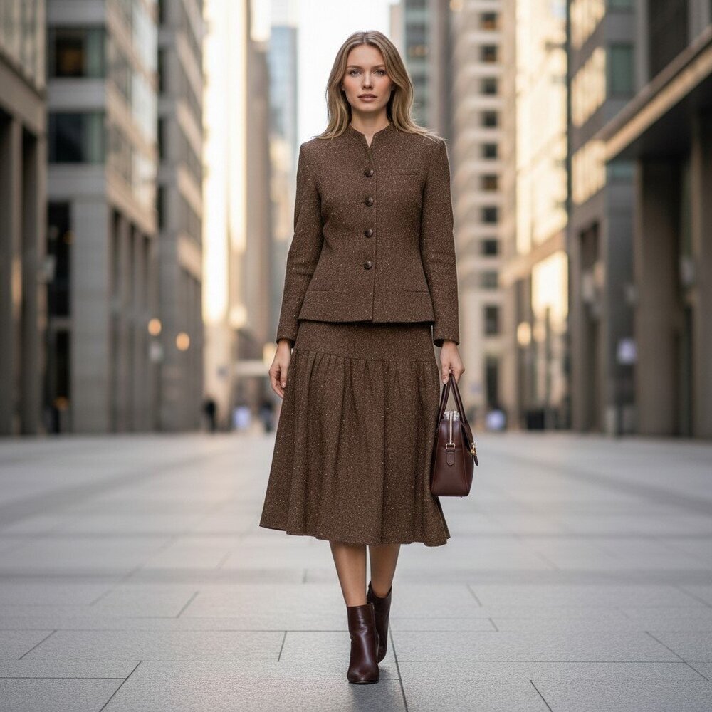 KRIZIA POI Brown Wool Skirt Suit Set Tweed Speckled Italy 48 US 10/12 Vintage